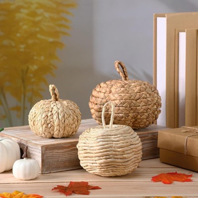 BRINJOY Three-Piece Woven Cattail Pumpkin Set - Handmade Fall Thanksgiving, Halloween Decorations, Rustic Farmhouse Table Centerpiece
