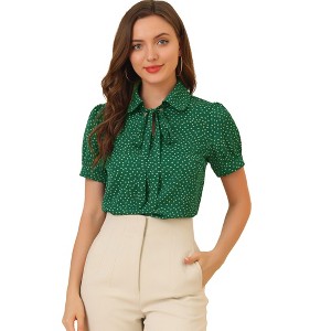 INSPIRE CHIC Women's Retro Dots Print Bow Tie Peter Pan Collar Chiffon Blouse - 1 of 4