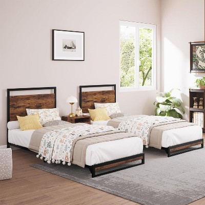 Bed Frame with Wooden Headboard and Footboard, Includes Under-Bed Storage, No Box Spring Needed, Easy Assembly, Rustic Brown.