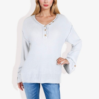 Anna-Kaci Women's Long Sleeve V-Neck Henley Knit Sweater with Button Details