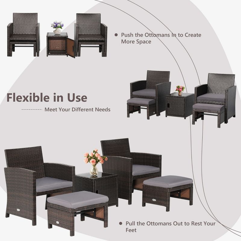 Costway 5PCS Patio Rattan Furniture Set Ottoman Cushioned W/Cover Space Saving Off White/Gray/Red/Turquoise, 5 of 11