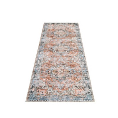 Washable Rug with Rubber Backing, Vintage Distressed Soft Low Pile Oriental Medallion Carpet for Kitchen & Entryway, Farmhouse Style, Brick Red