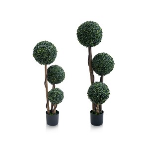 35"/45" Artificial Triple Ball Boxwood Topiary Tree Faux Milan Grass Balls for Indoor/Outdoor Porch, Garden & Home Decor, 1/2 Pack - 1 of 4