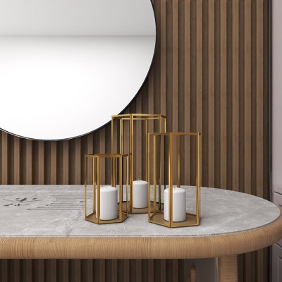 Gold Iron and Glass Hexagonal Candle Lantern Set