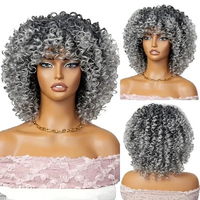 Jessie's Wig Cosplay Heat Resistan Afro Kinky Curly Wigs With Bangs For Synthetic Wigs Silver Gray Wig 14 Inch 1 Pc/Pack