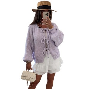 Clearlove Women Tie Front Knit Cardigan Sweater Long Sleeve Open Front Knit Shirt Top Fall Oversized Knitwear Outwear - 1 of 4