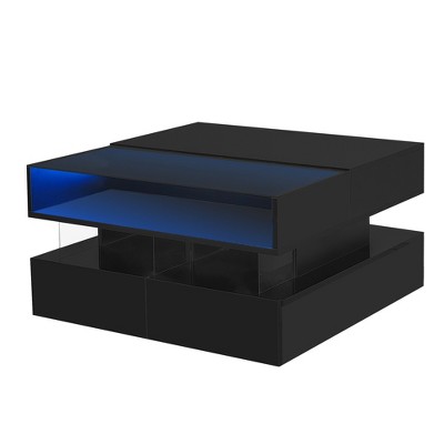 CLIHOME LED Lift-Top Coffee Table with 2 Drawers, Modern Square Coffee Table with Glass Top and High-Gloss Finish, Hidden Space