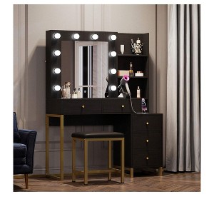 Vanity Desk With Outlet Makeup Vanity Sliding Hidden Drawers Large Mirror 10 Lighting Bulbs 3 Color & Brightness Adjustable With Stool - 1 of 4