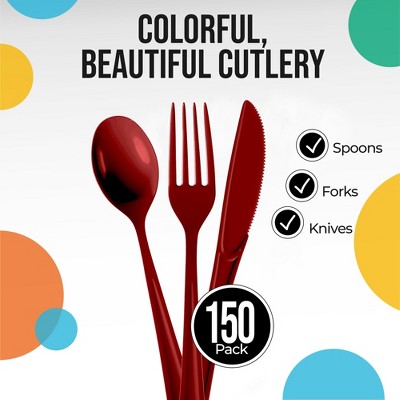 Burgundy Heavy-Duty Plastic Disposable Cutlery Set - 150 Pieces