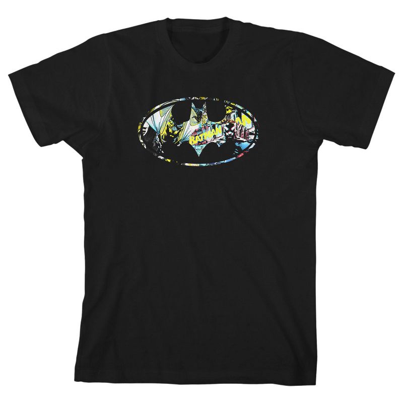 Batman Shiny Silver and Yellow Logo Black T-shirt Toddler Boy to Youth Boy, 1 of 4