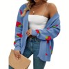 Women's Plus Size Strawberry Print Cardigan Knit Long Sleeve Loose Open Front Sweater Outerwear - 3 of 4