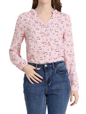 Allegra K Women's Floral Loose V Neck Long Sleeve Button-up