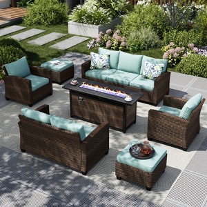 Captiva Designs 7pc Outdoor Patio Wicker Rattan Cushioned Fire Pit Set with Ottomans and Loveseat - 1 of 4