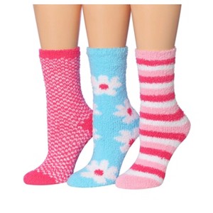 Tipi Toe Women's 3-Pairs Soft Flowers Stripe Pattern Fuzzy Anti-Skid Crew Socks - 1 of 1