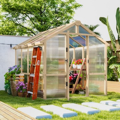 Large Brown Fir Wood and Polycarbonate Walk-In Greenhouse