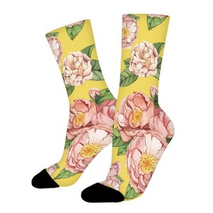 Yellow Peony Pattern Women Printed Crew Socks Funny Funky Socks Soft Polyester Novelty Gifts for Artists Men - 1 of 1