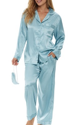 ADR Women's Satin Pajamas Set, Button Down Long Sleeve Top and Pants with Pockets, Silk like PJs with Matching Sleep Mask