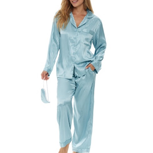 ADR Women's Satin Pajamas Set, Button Down Long Sleeve Top and Matching  Pants with Pockets, Silk like PJs Dusty Blue Chiffon Stripe Large