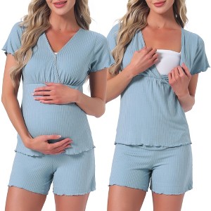 INSPIRE CHIC Maternity Modal Pajama Sets Short Sleeves Nursing Clothes Postpartum Loungewear Set Breastfeeding Tops & Shorts - 1 of 4