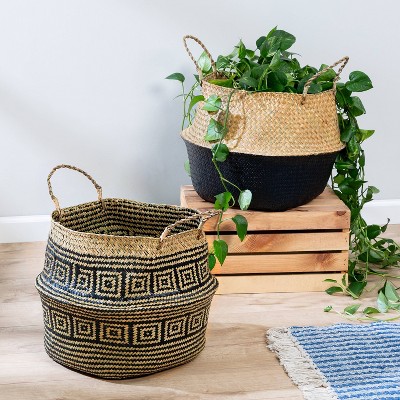 Modern Round Seagrass Folding Storage Baskets, Black & Natural