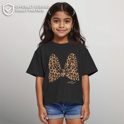 Mickey Mouse & Friends Girls' Mickey & Friends Leopard Animal Print Minnie Mouse Bow Crop T-Shirt - Black - Medium — фото 2