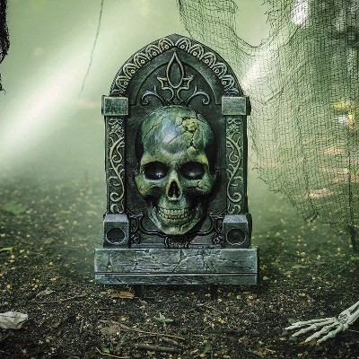 Morris Costumes ATC 21" Tombstone with 3D Skull Halloween Decoration - Black