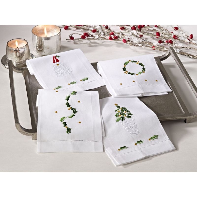 Saro Lifestyle Embroidered Santa Claus Christmas Holiday Hemstitched Trim Border Linen Cotton Guest Towel - Set of 4, 2 of 3