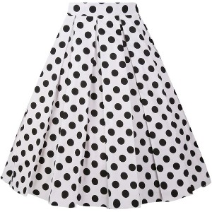 Women's Vintage Floral Midi Skirt - Pleated A-Line Skirt with Pockets White-black Dot - 1 of 4