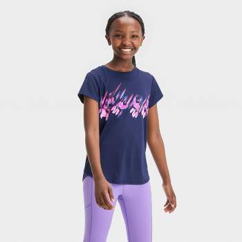Girls' Short Sleeve Floral Graphic T-Shirt - All in Motion™ Navy Blue