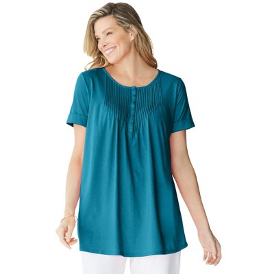 Woman Within Plus Size Short-Sleeve Pintucked Henley Tunic