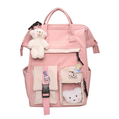 Cute Backpack with Cute Pin Accessories Plush Pendant for School Bag Student Girl Backpack Super-Capacity Waterproof Travel Backpack(Pink-3)