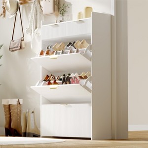 Modern Shoe Cabinet with 3 Flip Drawers & 2 Small Drawers & Hook, Slim Fluted Shoe Storage Organizer, Narrow Entryway Cabinet - 1 of 4