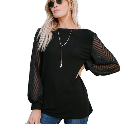 Amaryllis Women's Boat Neck Top with Sheer Textured Chevron Balloon Sleeves Relaxed Fit Versatile Pullover
