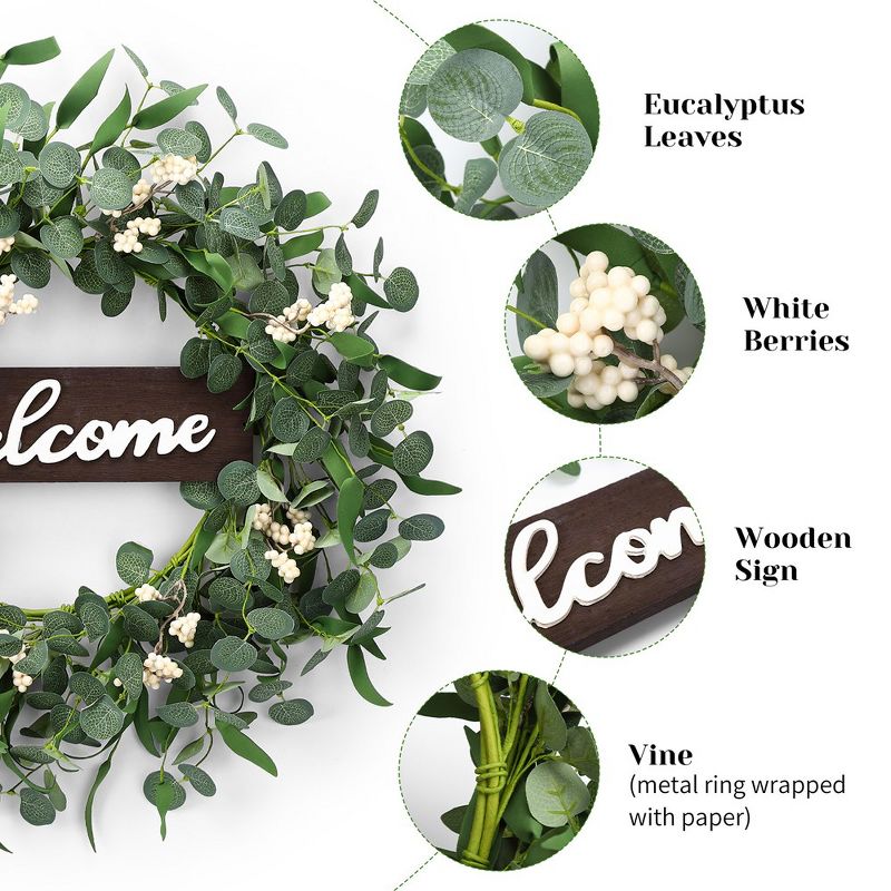 20" Eucalyptus Wreaths for Front Door, Spring Wreath Green Eucalyptus Wreath with Wood Welcome Sign, 4 of 8