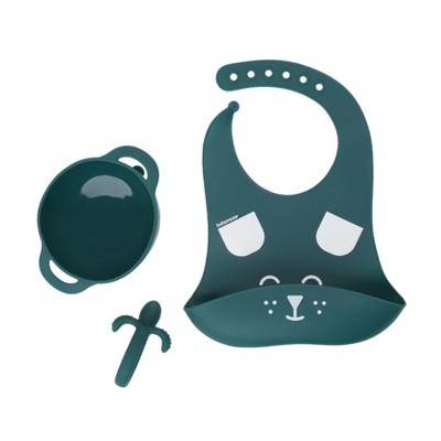 Image of Babymoov FIRST'ISY Baby Feeding Set, Stage 1 Suction Silicone Bowl, Spoon, and Bib Co-Created with an Occupational Therapist - Dog