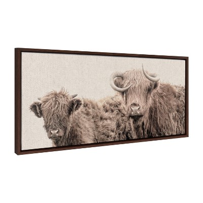Kate and Laurel Sylvie Two Highland Cow Best Friends Color Neutral Linen Bright Framed Canvas by The Creative Bunch Studio