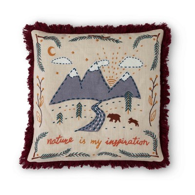 Nature Inspired Appliqued Cotton Pillow with Burgundy Fringe