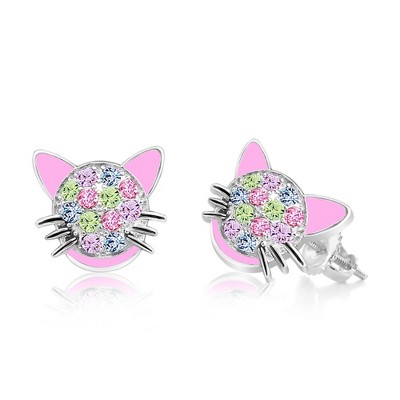 Chanteur Hypoallergenic Kids Jewelry Accessories Cat Pink Multi-color CZ White Gold Palladium Plating Stud Earrings Surgical Titanium Posts
