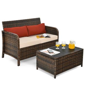 Tangkula 2PCS Patio Rattan Furniture Set Loveseat w/Coffee Table for Garden Porch Backyard Brown