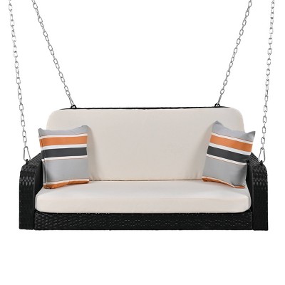 Nestfair 48.8" W Black Wicker Patio Swing Hanging Bench with Cushion Beige
