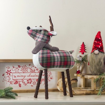 16" Green and Red Plaid Wooden Deer Figurine