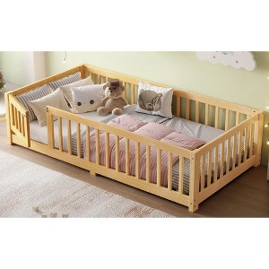 Bellemave Twin Size Floor Bed for Kids, Girls, Boys, Wood Floor Bed with slats and Door, Natural - 1 of 4