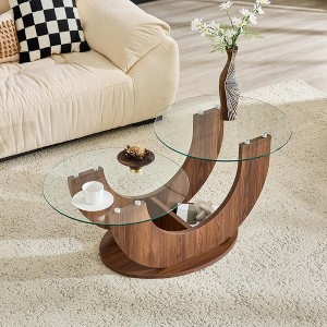 JVNOXK U-Shaped Double-Tier Glass Coffee Table, Minimalist Walnut