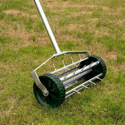 Heavy Duty Rolling Lawn Aerator Gardening Tool with 3-Piece Long Steel Handle for Garden Yard