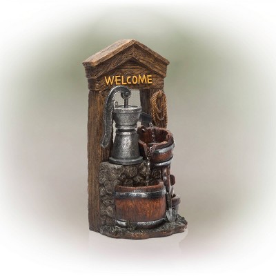 24" Rustic Brown Polyresin Barrel Fountain with Welcome Sign
