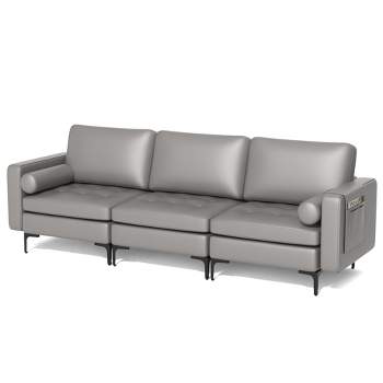 Costway Modern Modular 3-Seat Sofa Couch with Side Storage Pocket & Metal Leg Grey/Red