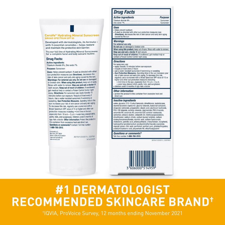 Tube of CeraVe Hydrating Mineral Sunscreen Broad Spectrum SPF 30 with detailed drug facts and an orange banner stating "#1 Dermatologist Recommended Skincare Brand."