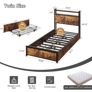 VINGLI Bed Frame with 4 Storage Drawers/Headboard, Metal Platform with Charging Station and LED, No Box Spring Needed, Easy Assembly, Vintage Brown - 1 of 4