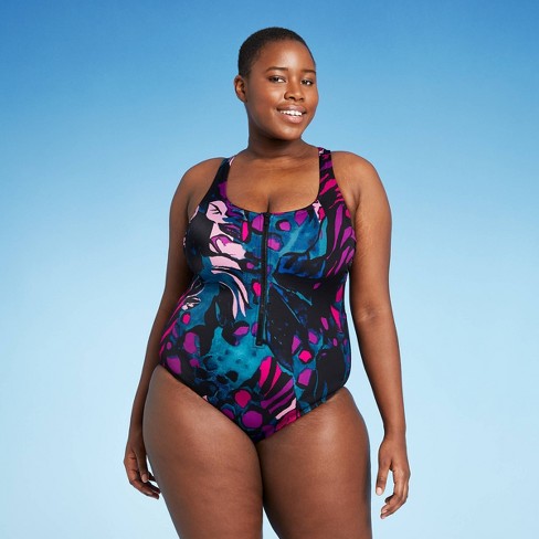 Women S Plus Size Zip Front Racerback Laser Cut Back Detail One Piece Swimsuit All In Motion Black Floral 14w Target