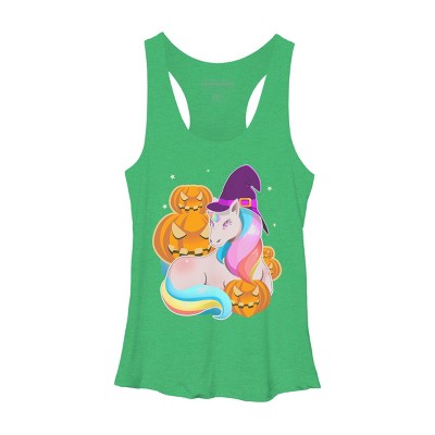 Women's Design By Humans Cute Unicorn With Jack O Lantern Halloween T Shirt By thebeardstudio Racerback Tank Top
